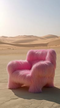 Pink furry armchair in the desert, surreal art concept.