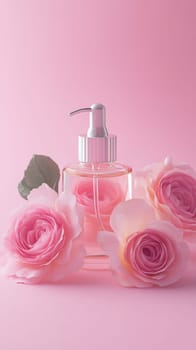 Perfume bottle with pink roses on a pastel background, elegance and beauty concept.