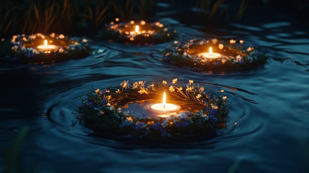 Floating candles on water with flower wreaths at night. Tranquil and serene ambiance concept.