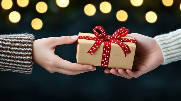 Sharing gift in warm Christmas atmosphere, two hands exchange beautifully wrapped present adorned with festive ribbon. scene evokes feelings of joy and generosity.