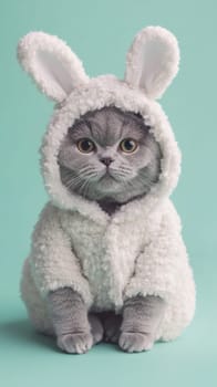 Grey cat in bunny costume on turquoise background, playful pet fashion concept.