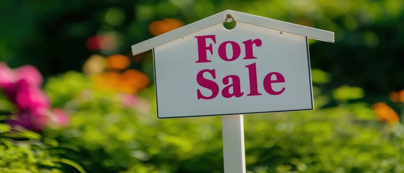 For sale sign in vibrant garden setting, surrounded by colorful flowers, indicating property or item available for purchase. bright colors evoke sense of opportunity and excitement.