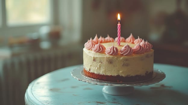 Birthday cake with pink frosting and single lit candle, celebrating special occasion. Festive dessert and celebration concept.