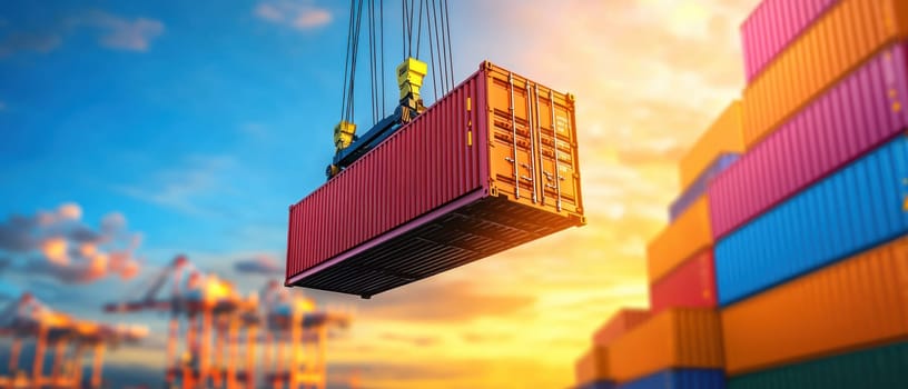 crane is lifting shipping container against vibrant sunset backdrop, showcasing busy logistics of shipping yard. scene captures essence of industrial operations and transportation.