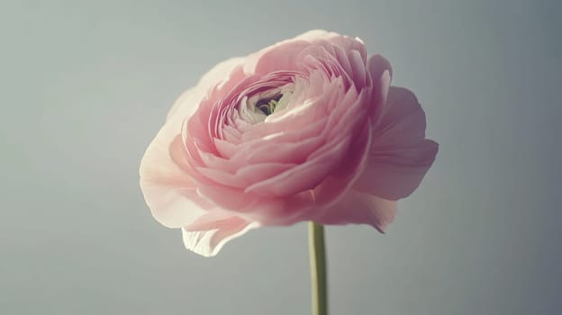 Pink ranunculus flower with soft petals on a gray background, close-up view. Nature and beauty concept.