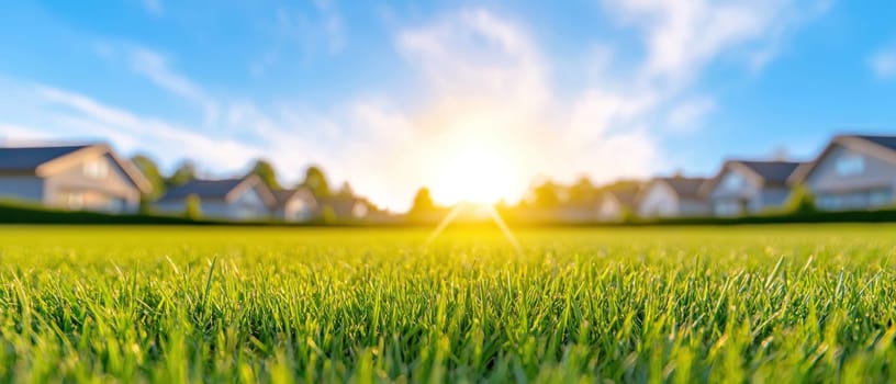 beautiful suburban neighborhood with lush green grass and bright sunrise in background creates serene and inviting atmosphere.