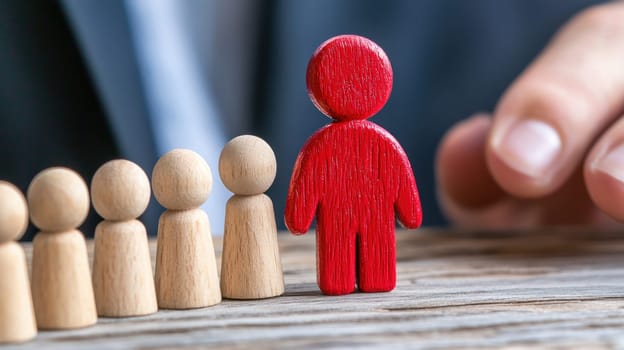image depicts red wooden figure standing out among several smaller wooden figures, symbolizing leadership and individuality in professional setting.