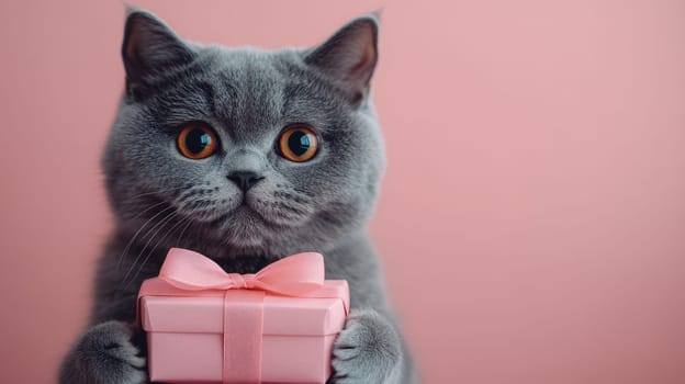Gray cat holding a pink gift box on pastel background. Cute and charming pet concept.