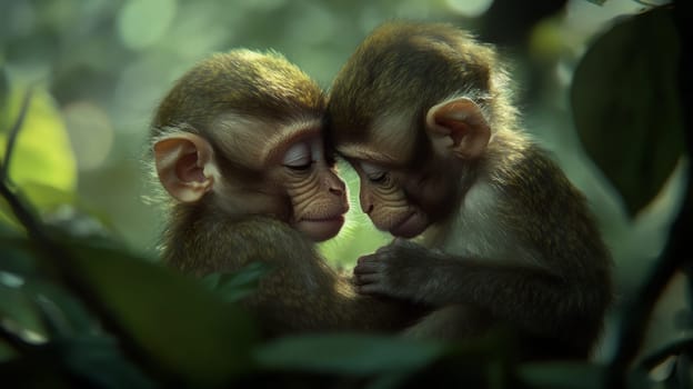 Baby monkeys cuddling in the forest, intimate wildlife moment. Nature's bond concept.