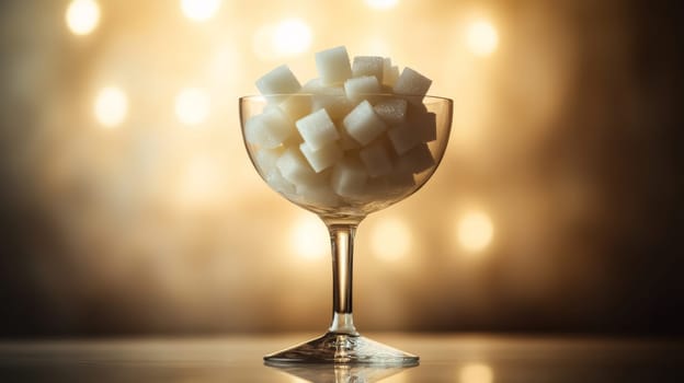 Sugar cubes in a cocktail glass on a warm bokeh background, sweet indulgence concept.