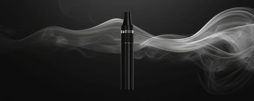 Black electronic vaporizer with swirling smoke on dark background.