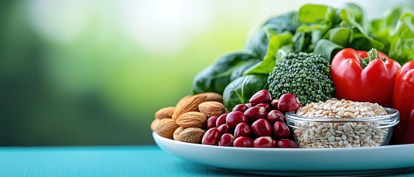 vibrant plate of healthy foods featuring leafy greens, nuts, and colorful vegetables, promoting nutritious lifestyle. This arrangement showcases beauty of wholesome eating.
