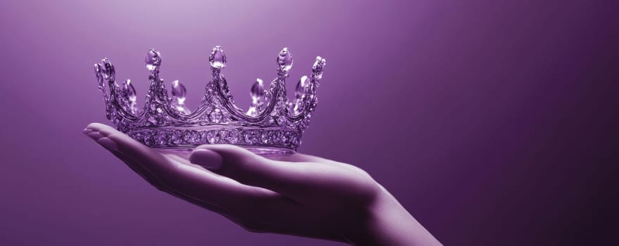 Hand holding a purple crown, elegant royalty concept.