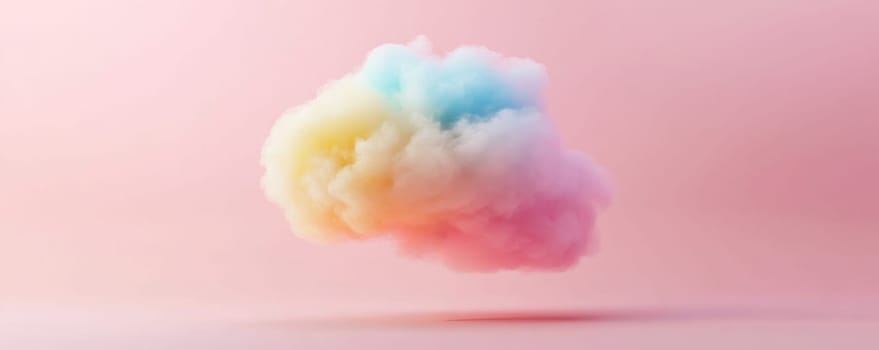 Floating pastel colored cloud in pink background, abstract art concept.