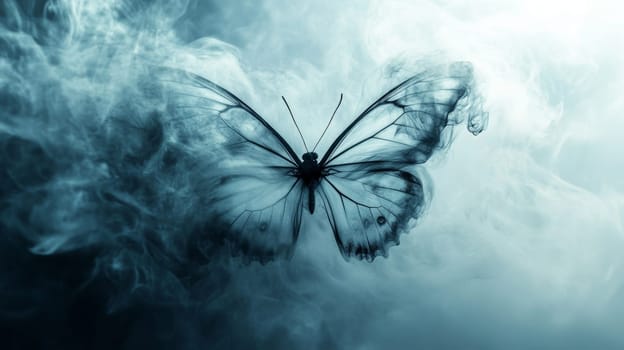 Butterfly emerging from smoke, ethereal beauty. Nature and transformation concept.