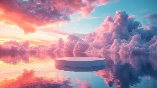 circular platform on a calm reflective water surface at sunset, surreal sky with pink clouds. dreamlike landscape and tranquility concept.