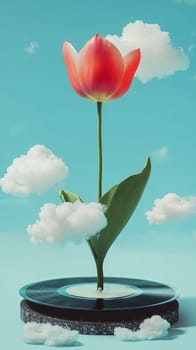 Surreal red tulip growing from vinyl record in cloudy blue sky.