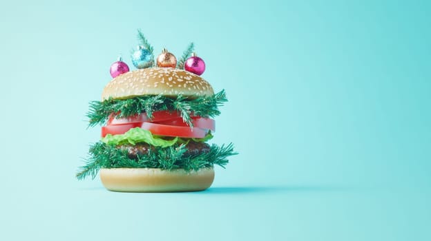 Burger decorated with Christmas ornaments on a blue background. Festive and creative holiday food concept.