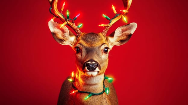 Deer with Christmas lights against red background.