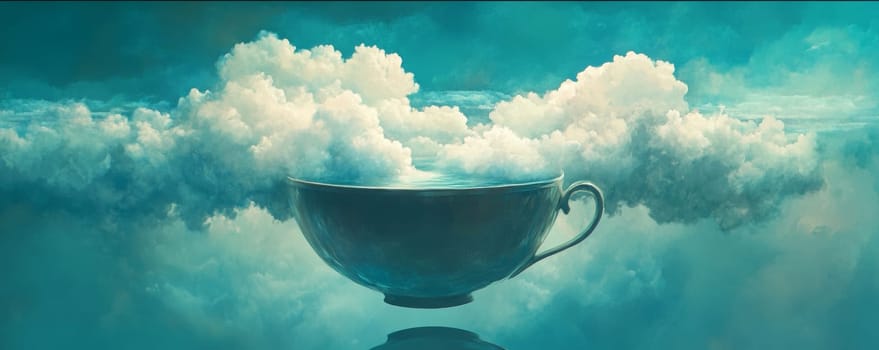 Surreal cup floating among clouds, ethereal dreamscape concept.