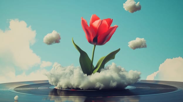 Red tulip rising from clouds on vinyl record under blue sky.