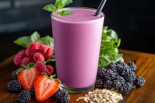 vibrant smoothie made with fresh berries, spinach, and oats, showcasing delightful blend of colors and textures. Perfect for healthy lifestyle.