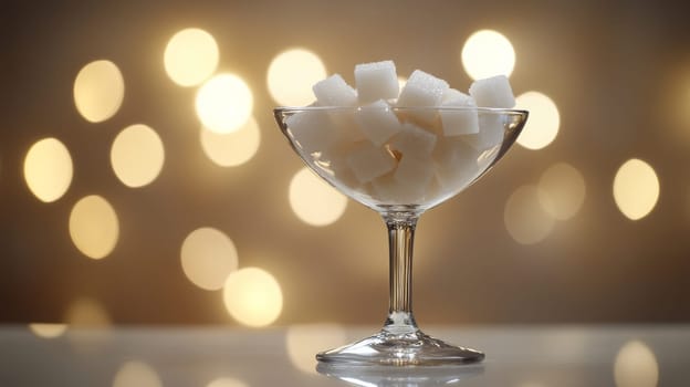 Cubes of sugar in glass bowl with blurred lights, elegant concept.