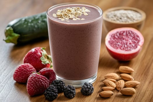 vibrant smoothie made with fresh fruits and vegetables, featuring raspberries, blackberries, and hint of zucchini. Topped with oats, its nutritious and delicious choice.