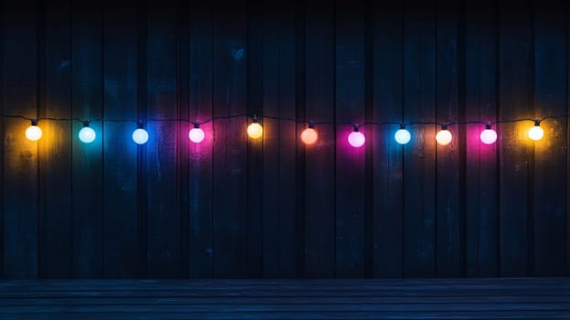 string lights against dark wooden backdrop, evening ambiance. celebration and decor concept.