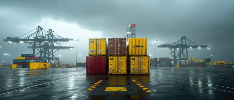 logistics yard with stacked containers under stormy sky, showcasing industrial operations. scene captures essence of maritime transport and challenges of weather.