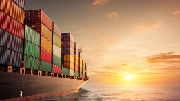 cargo ship sailing across ocean, its deck filled with colorful containers, creates striking silhouette against vibrant sunset. scene evokes sense of adventure and global trade.