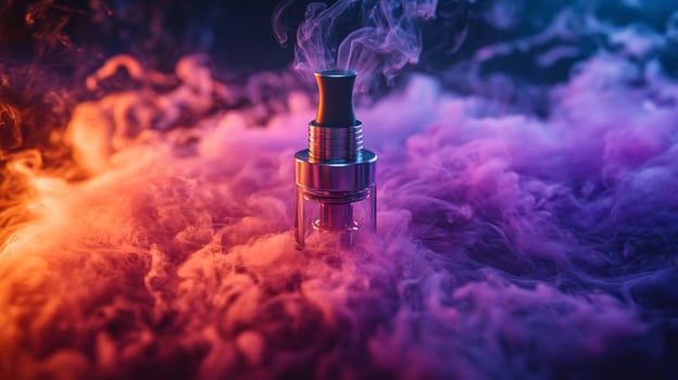 Vape device surrounded by colorful smoke on dark background, contemporary lifestyle and technology concept.