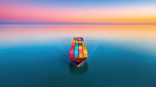 cargo ship sailing across calm ocean, its colorful containers creating vibrant contrast against serene water and stunning sunset. tranquil scene evokes sense of peace and adventure.