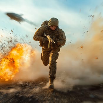 A man in a military uniform is running away from a bomb. He is carrying a rifle and a backpack