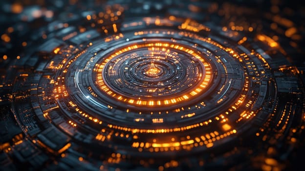 mesmerizing circular design featuring intricate patterns and glowing orange lights, creating futuristic and abstract visual experience. composition evokes sense of depth and technology.