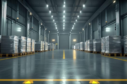 modern warehouse interior featuring rows of stacked pallets, showcasing spacious and organized environment. bright lighting enhances industrial feel, creating productive atmosphere.