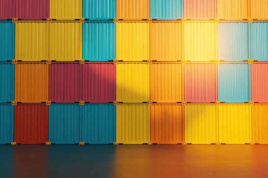 Colorful stacked shipping containers create vibrant and organized display, showcasing mix of blue, yellow, red, and orange hues. arrangement highlights industrial aesthetic and modern design.