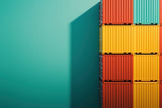 Colorful shipping containers stacked against vibrant turquoise wall create striking visual contrast. arrangement showcases blend of red, yellow, and teal, evoking sense of organization and modernity.