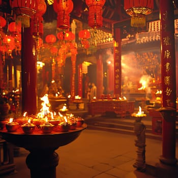 Chinese temple decorated for the New Year: A traditional Chinese temple decorated with hundreds of red lanterns, smoldering incense and devotees praying for good luck and prosperity. A peaceful and spiritual atmosphere.