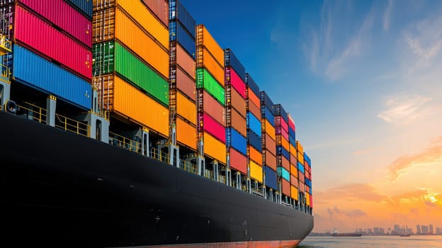 vibrant cargo ship docked at port showcases colorful shipping containers against stunning sunset backdrop. scene captures essence of maritime trade and industry.
