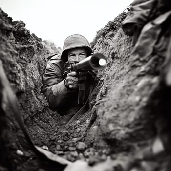 A man in a camouflage jacket is crouching in a hole with a gun. He is holding a gun and has a flashlight in his hand