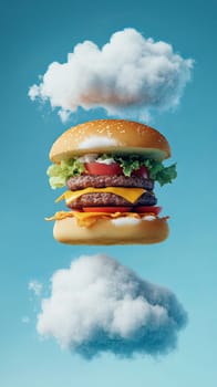 Floating burger between clouds in surreal sky.