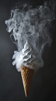 Ice cream cone surrounded by smoke on dark background.