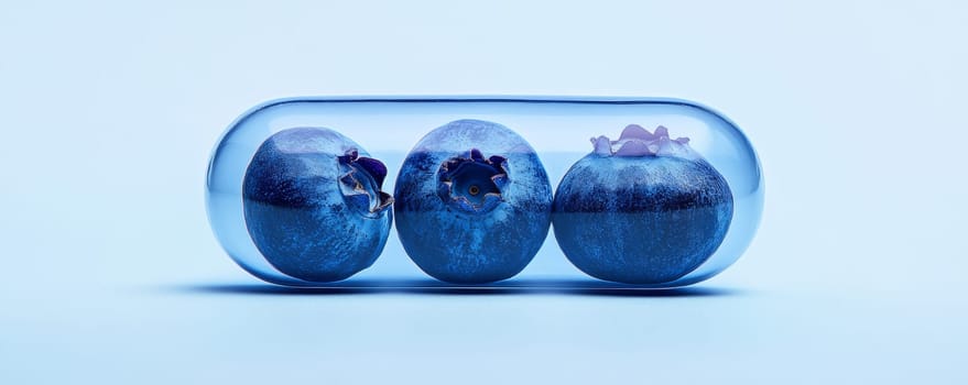 Blueberries in a glass capsule on light blue background, conceptual health and nutrition imagery.