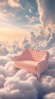 Pink vintage sofa floating among fluffy clouds during sunset.