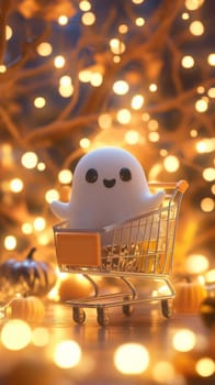 Cute ghost in shopping cart surrounded by warm bokeh lights.