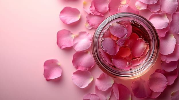 Pink rose petals in glass jar on pastel background, romantic and floral beauty concept.