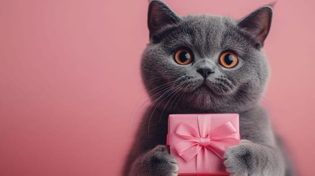 Gray cat holding a pink gift box against pink background. Cute and playful concept.