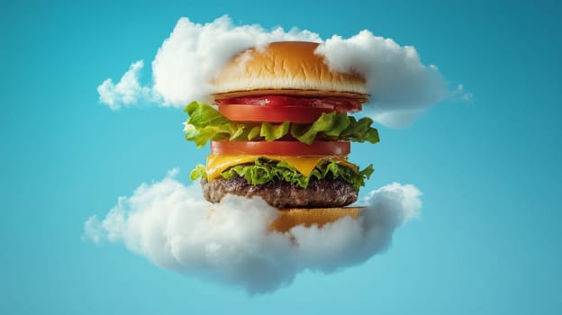 Burger floating among clouds in a surreal sky.