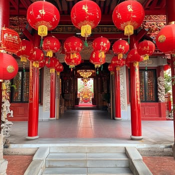 Chinese temple decorated for the New Year: A traditional Chinese temple decorated with hundreds of red lanterns, smoldering incense and devotees praying for good luck and prosperity. A peaceful and spiritual atmosphere.
